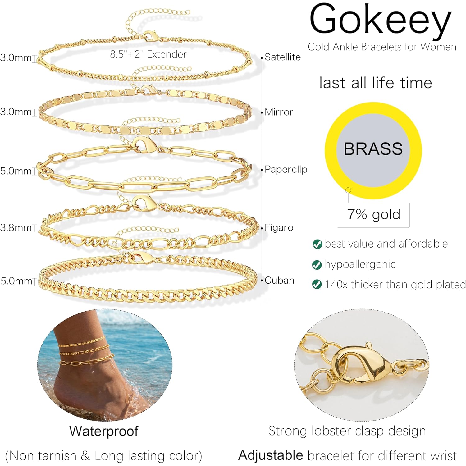 Gokeey Ankle Bracelets for Women, 14k Gold Plated Jewelry Set Waterproof Layered Cuban Figaro Link Chain Anklets Set Gold Anklets Summer Boho Beach Jewelry Gift Adjustable Size