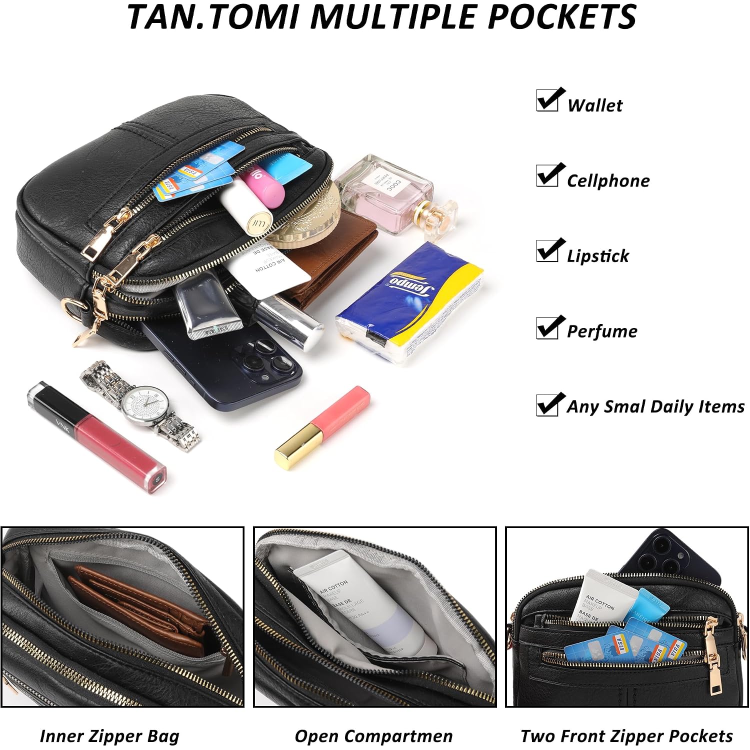 Tantomi Crossbody Bags For Women, 6-Pockets Cross Body Purse, Vegan Leather Handbags Shoulder Bag For Travel, Gifts For Women