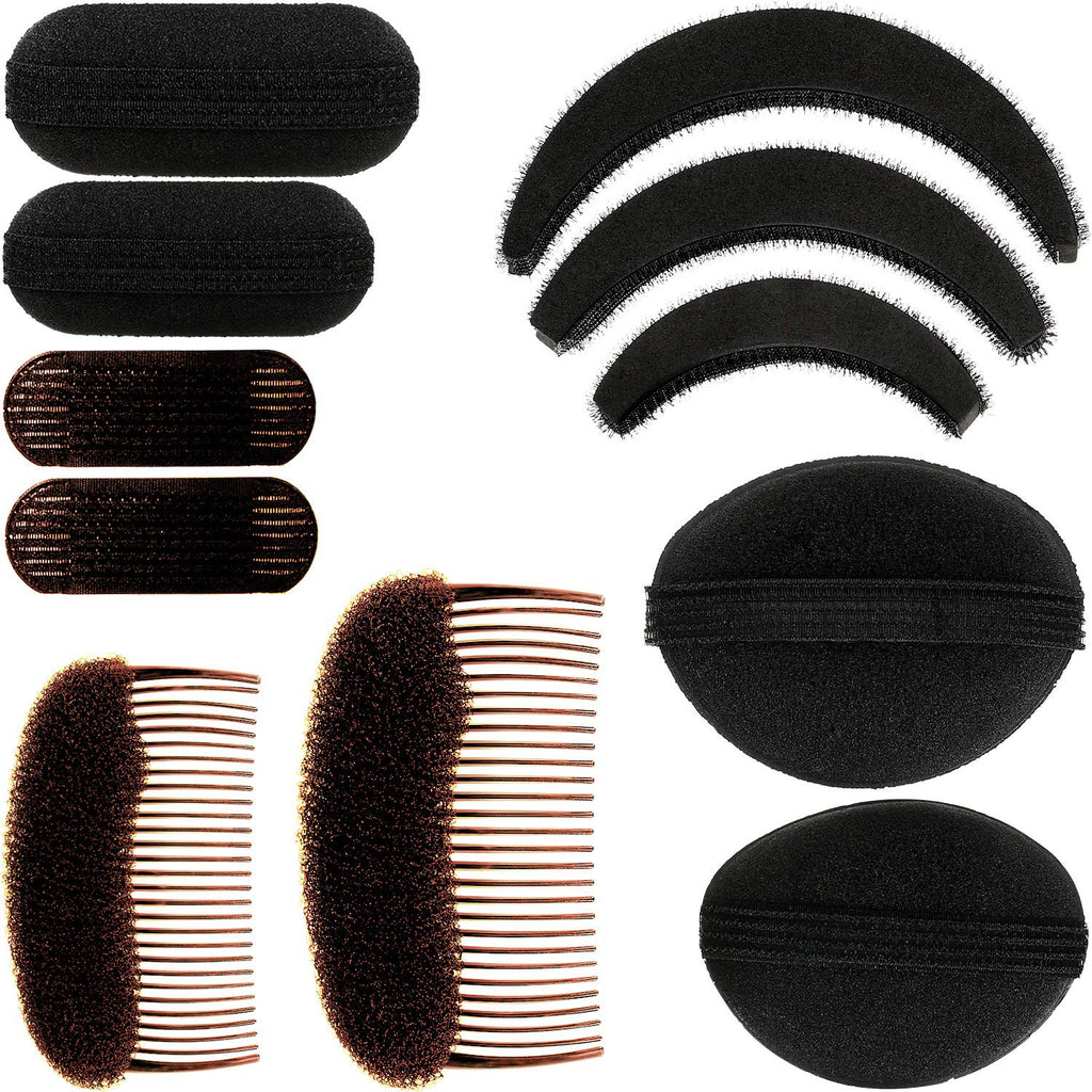 11 Pieces Hair Bump Sponge Volume Hair Bases Set Bump It Accessory For Volume Insert Styling Tools Up Combs Clips Sponge Bun Updo Accessories For Women Diy Hairstyles(Black, Brown)