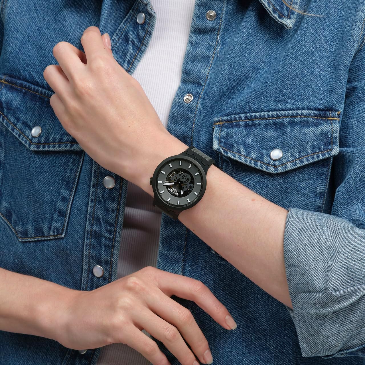 Swatch Big Bold Biosourced Lacquered Unisex Watch Casual Polymer Black Automatic Waterproof Past The Horizon