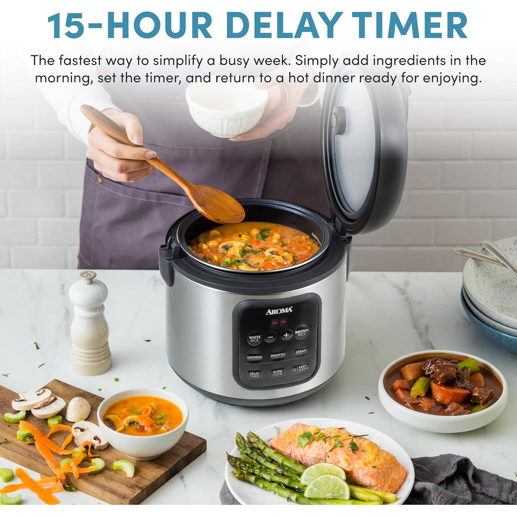 Aroma Digital Rice Cooker, 4-Cup (Uncooked) / 8-Cup (Cooked), 2 Qt, Steamer, Multicooker, Slow Cooker, Oatmeal Cooker, Auto Keep Warm, Stainless Steel Exterior