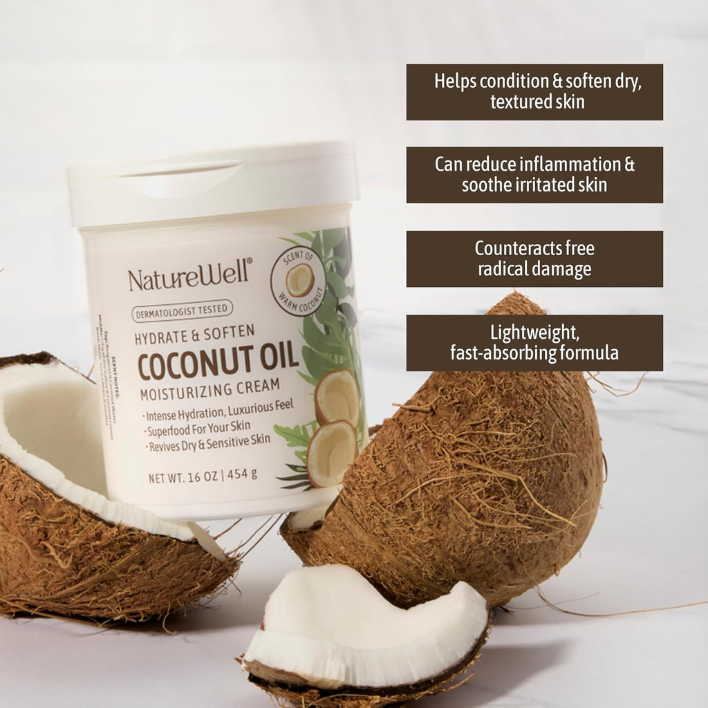 Nature Well Coconut Oil Moisturizing Cream For Dry Skin – Deep Hydration Lotion For Face, Body & Hands, Spa Quality Skincare, Softens & Smooths, Non-Greasy, Fast Absorbing, Scented (10 Ounce)
