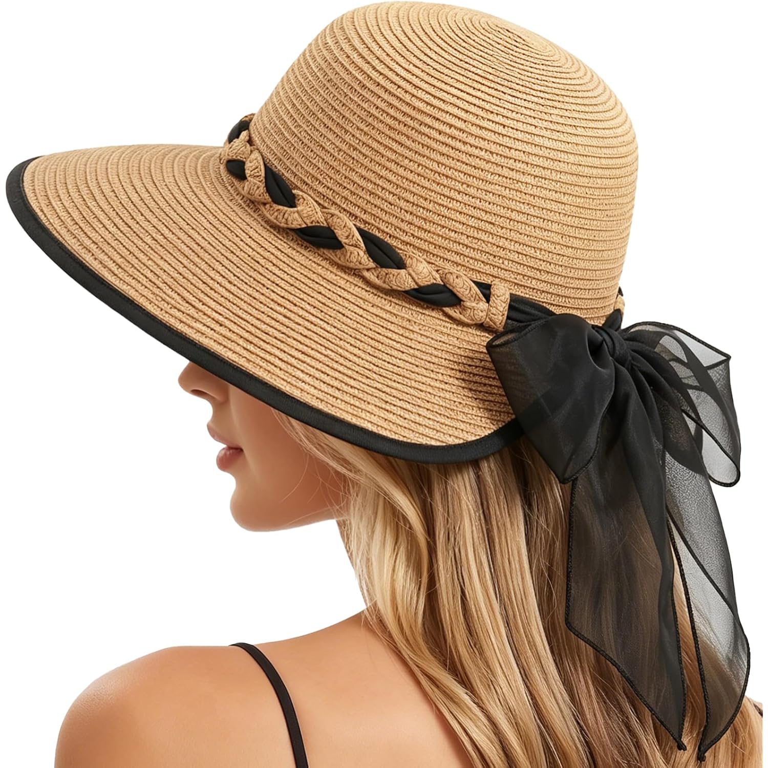 Beach Sun Straw Hats for Women, UPF 50+ UV Sun Protection Wide Brim Summer Straw Hat Foldable Packable Roll up Cap