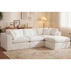110'' Oversized Boneless Cloud Couch For Living Room, Modern Big Sectional Compressed L Shape Couch With Ottoman, Comfy Chenille Deep Seat Memory Foam Spineless 4 Seater Sofa, Beige