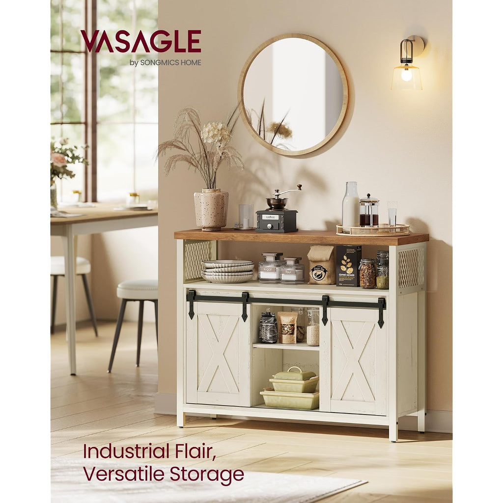 Vasagle Buffet Cabinet, Coffee Bar Storage Cabinet, Sideboard With 2 Sliding Barn Doors, Adjustable Shelves, 13 X 39.4 X 31.5 Inches, For Living Room, Rustic White And Honey Brown Ulsc092W01