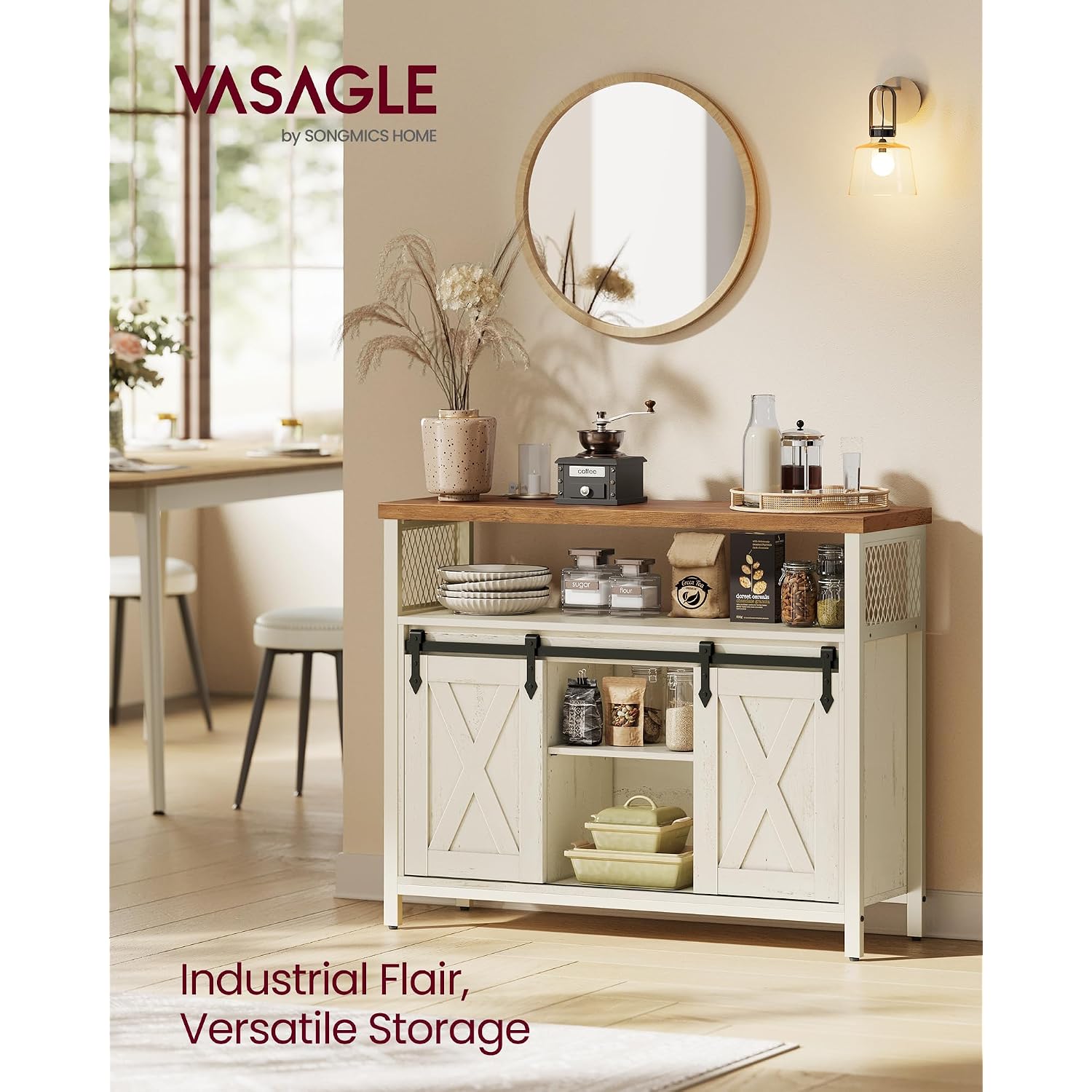 Vasagle Buffet Cabinet, Coffee Bar Storage Cabinet, Sideboard With 2 Sliding Barn Doors, Adjustable Shelves, 13 X 39.4 X 31.5 Inches, For Living Room, Rustic White And Honey Brown Ulsc092W01