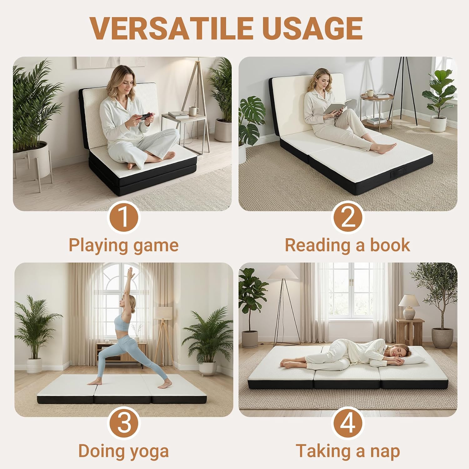 Foldable Mattress Twin Memory Foam Tri Folding Pad Washable, 75X38X4" White