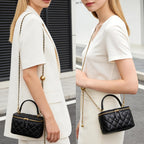 DORIS&JACKY Small Quilted Box Crossbody Purse For Women, Designer Lambskin Leather Mini Top Handle Tote Bag With Chain Strap