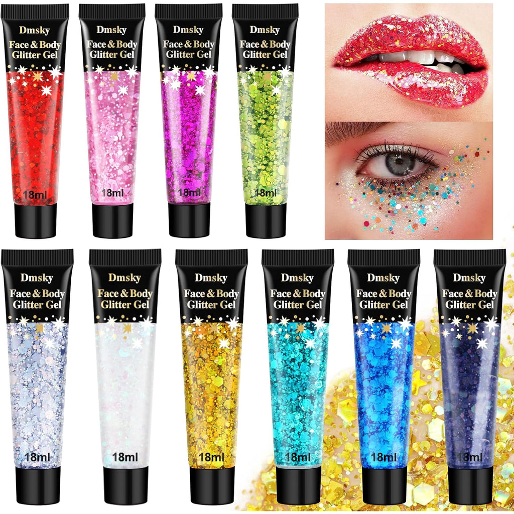 10 Colors Body Glitter,Face Glitter Makeup for Kids Women,Sparkly Chunky Hair Glitter for Eye Lip Hair Nails,Mardi Gras Glitter Makeup Face Paint,Singer Concerts Disco Rave Festival Accessories