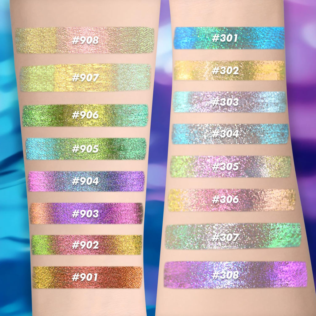 Charmacy Chameleon Glitter Liquid Eyeliner, Metallic Shade Color Shift Eye Liner, Highly Pigmented, 24H Long-Lasting, Waterproof And Anti-Smudge, Ultra-Fine Tip, Purple Gold Indigo 904