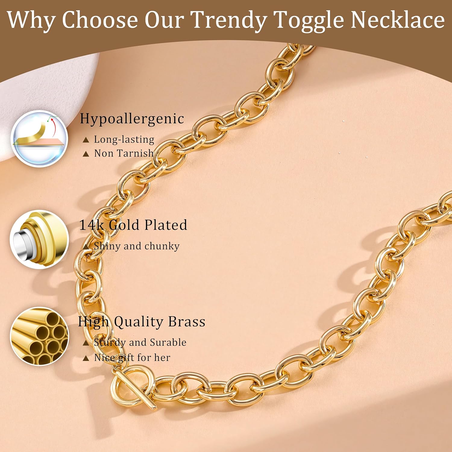 CHESKY 14K Gold Plated Chunky Necklace for Women, Trendy Paperclip Chain Necklace Thick Cross Heart Pendant Necklace Layered Herringbone Cuban Link Chain Toggle Necklaces Non Tarnish Jewelry
