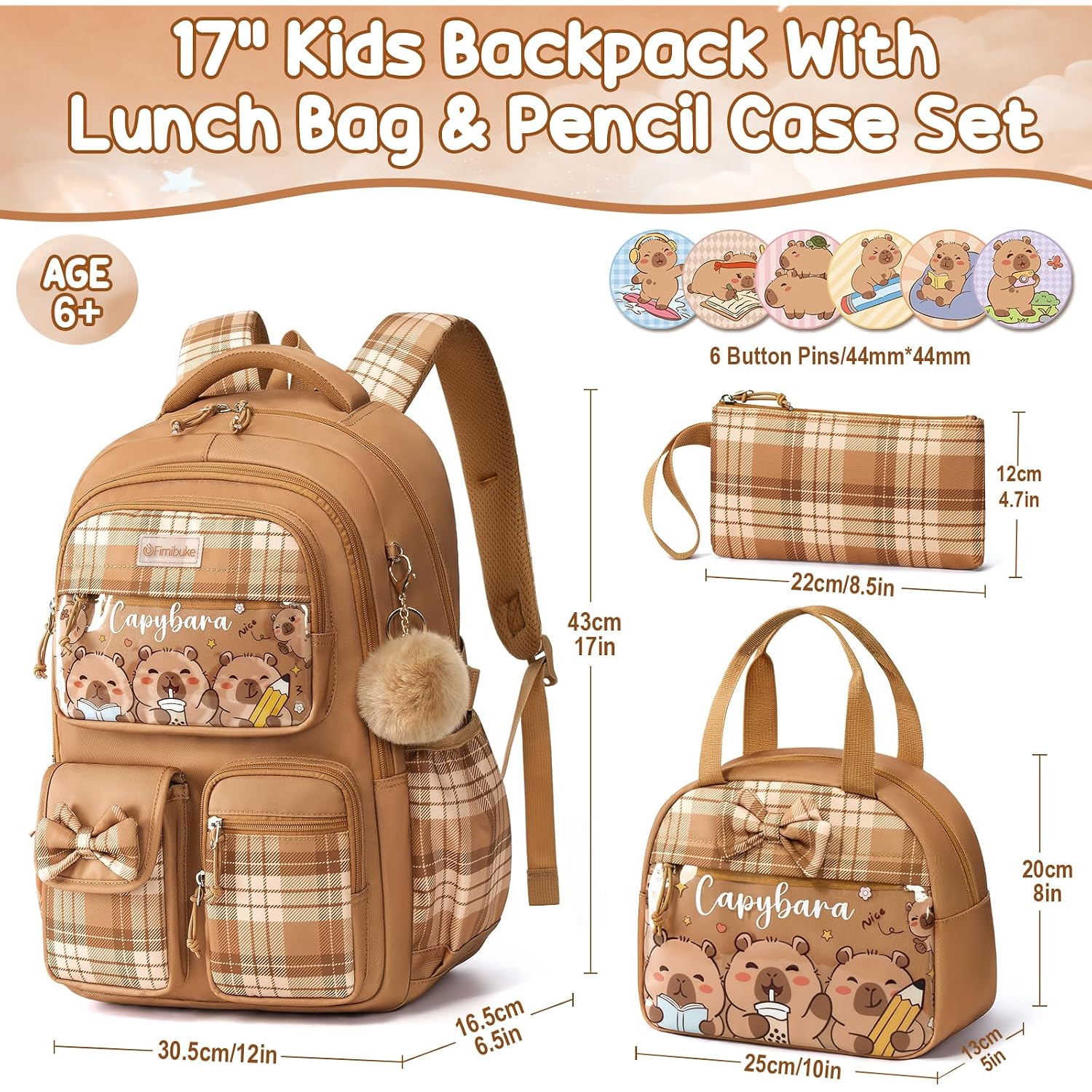 Fimibuke 9Pcs Capybara Girls Backpack For School With Lunch Box Pencil Case | Waterproof Kids Backpack For Girls, Cute Bow School Bag, Kawaii Bookbag For Preschool Kindergarten Elementary School Students