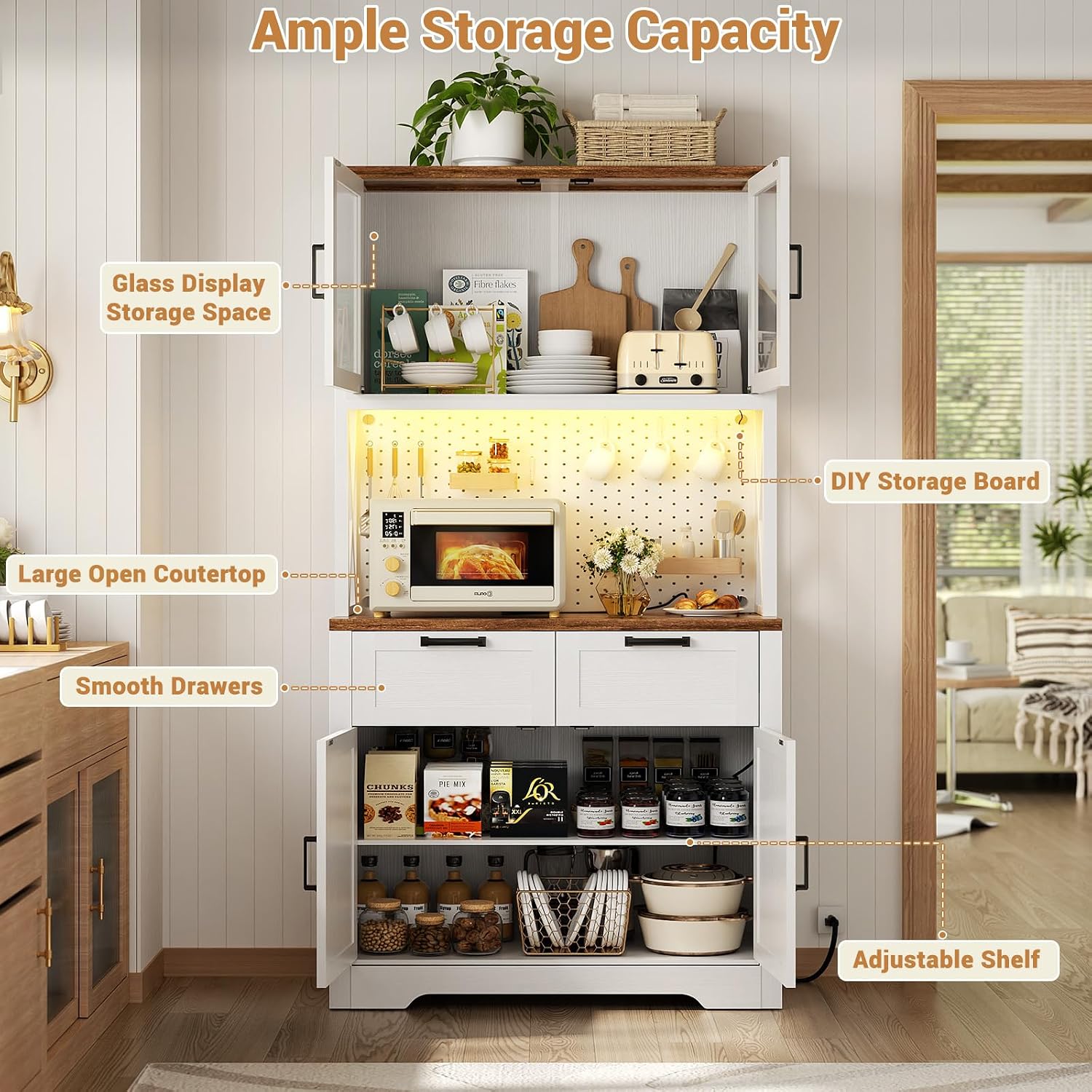 Unikito 71" Pantry Cabinet With Led Light & Outlet, Tall Kitchen Pantry Storage Cabinet With Microwave Stand, Diy Pegboard, Drawers And Adjustable Shelf, Farmhouse Kitchen Hutch For Dining Room