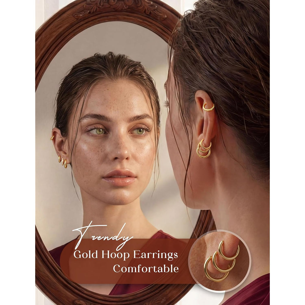 Tungary Small Gold Hoop Earrings for Women, Hypoallergenic Huggie Earrings for Sensitive Ears, Non Tarnish 14K Gold Plated Hoops for Sleeping/Daily, Cartilage Earring Stacks Set for Multiple Piercing