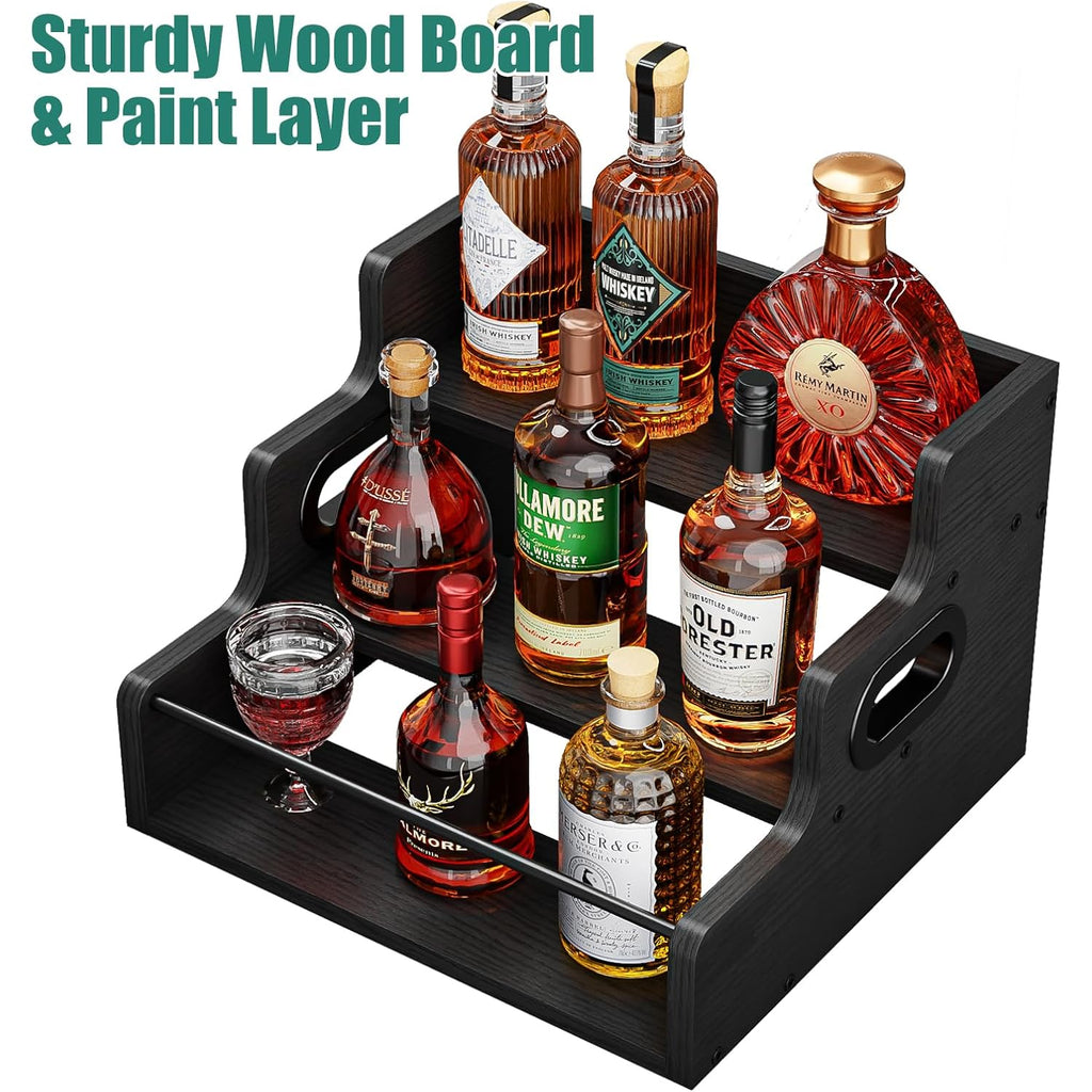 Klm Liquor Bottle Display Shelf, Coffee Syrup Rack Organizer, 3 Step Countertop Liquor Wine Rack, Mini Bar,Liquor Cabinet, Home Retro Bar Shelf Stand For Liquor Whiskey, Spirits（Black）
