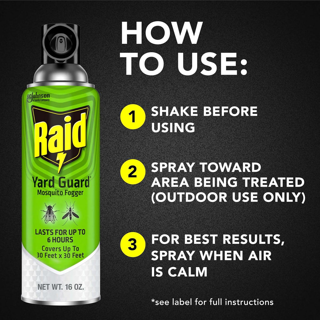 Raid Yard Guard Mosquito Fogger Outdoor, Kills Flies, Mosquitoes, Non-Biting Gnats, Small Flying Moths, Wasps And Hornets 16 Oz Pack Of 12