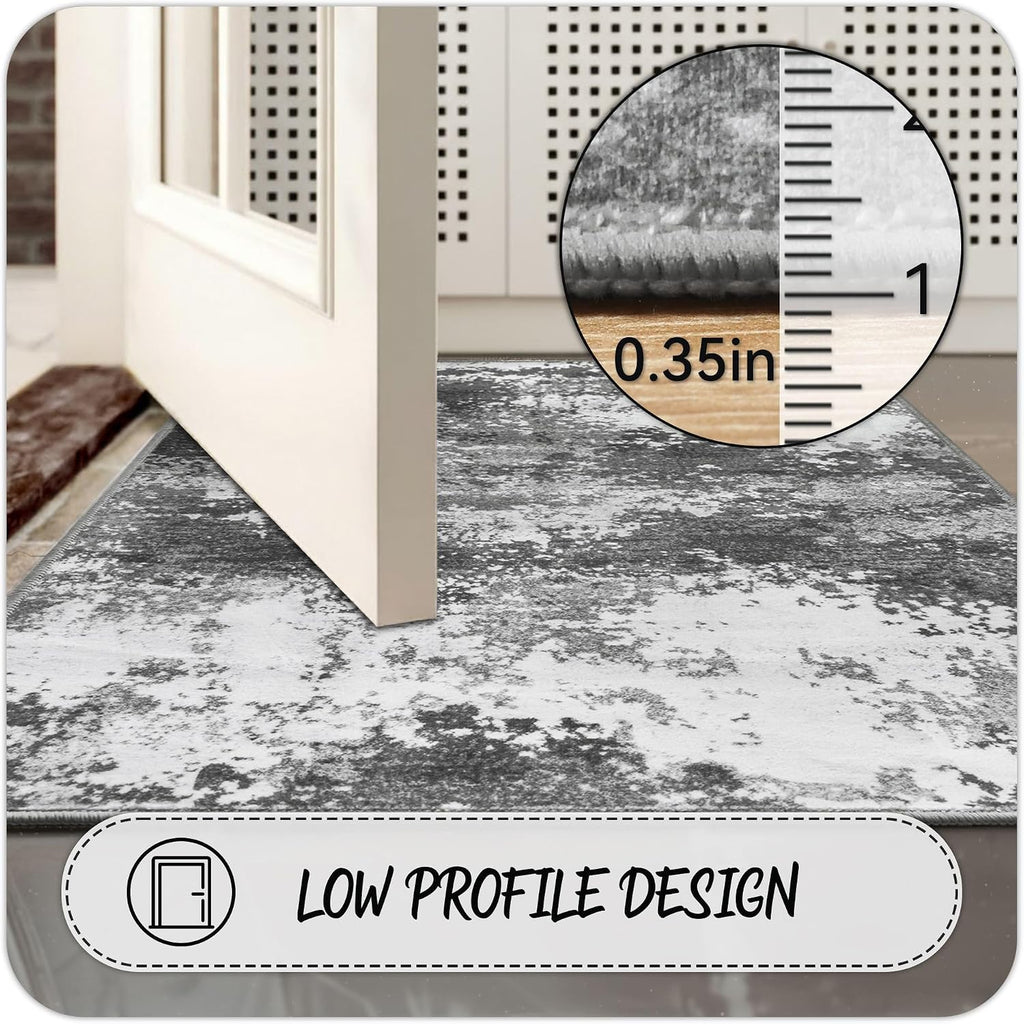 2X6 Rug Runners For Hallways Kitchen Non Slip Washable Grey Entryway Runner Rugs With Rubber Backing 6Ft Long Carpet Runner For Laundry Room Bedroom, Low Pile Stain & Fade Resistant, Abstract Gray