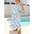 Caracilia Womens Summer Maxi Dresses Floral Smocked Sleeveless Ruffle Boho Casual Flowy Aline Beach Vacation Long Sundress