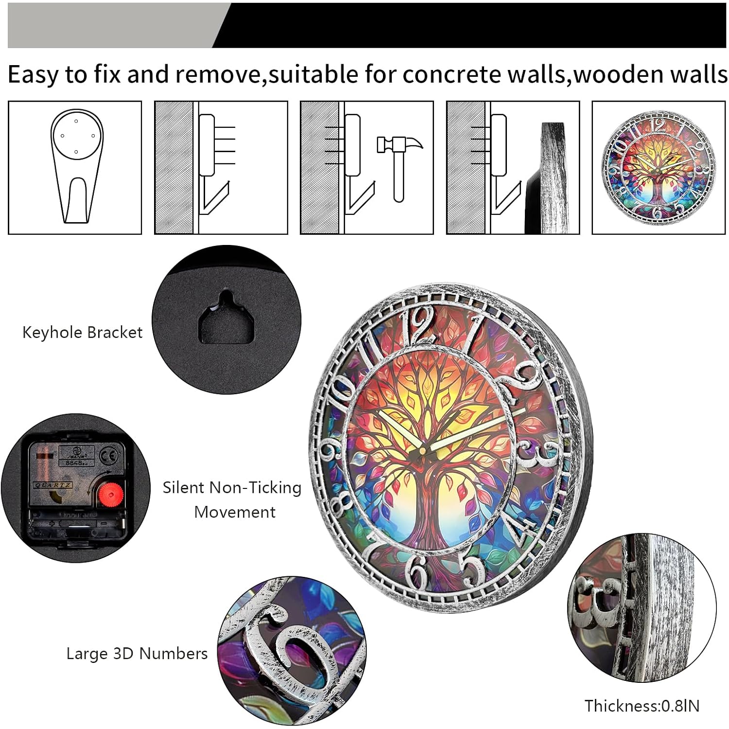 Wangiro 12" Round Tree Of Life Wall Clock Silent Non-Ticking Antique Silver | Plastic Frame,Precise Quartz Movement,Easy-Read Numerals,Easy To Hang,Ideal Gift For Living Room Bedroom Office Decor