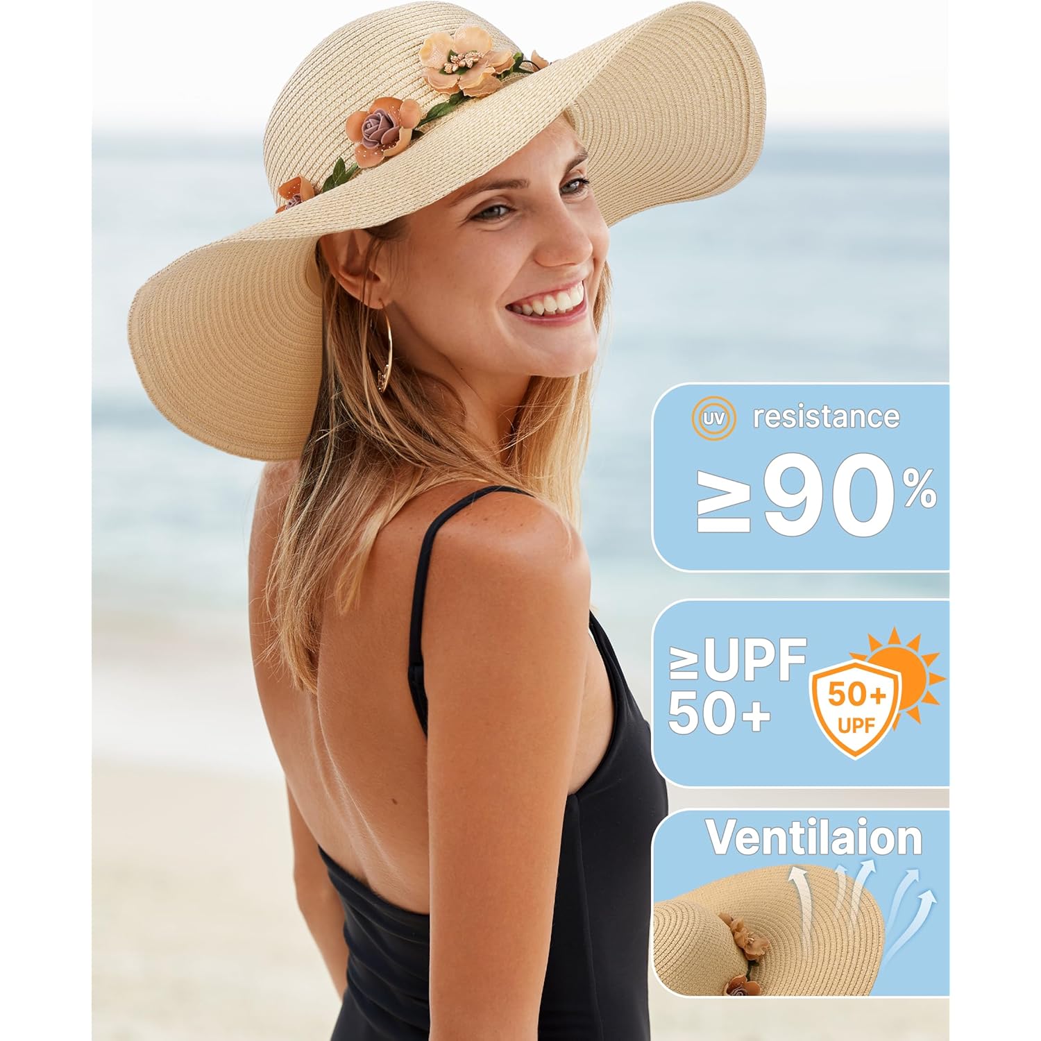 Beach Hats for Women, Wide Brim Sun Straw Hat for Women, Sun Hat UPF 50+ UV Protection
