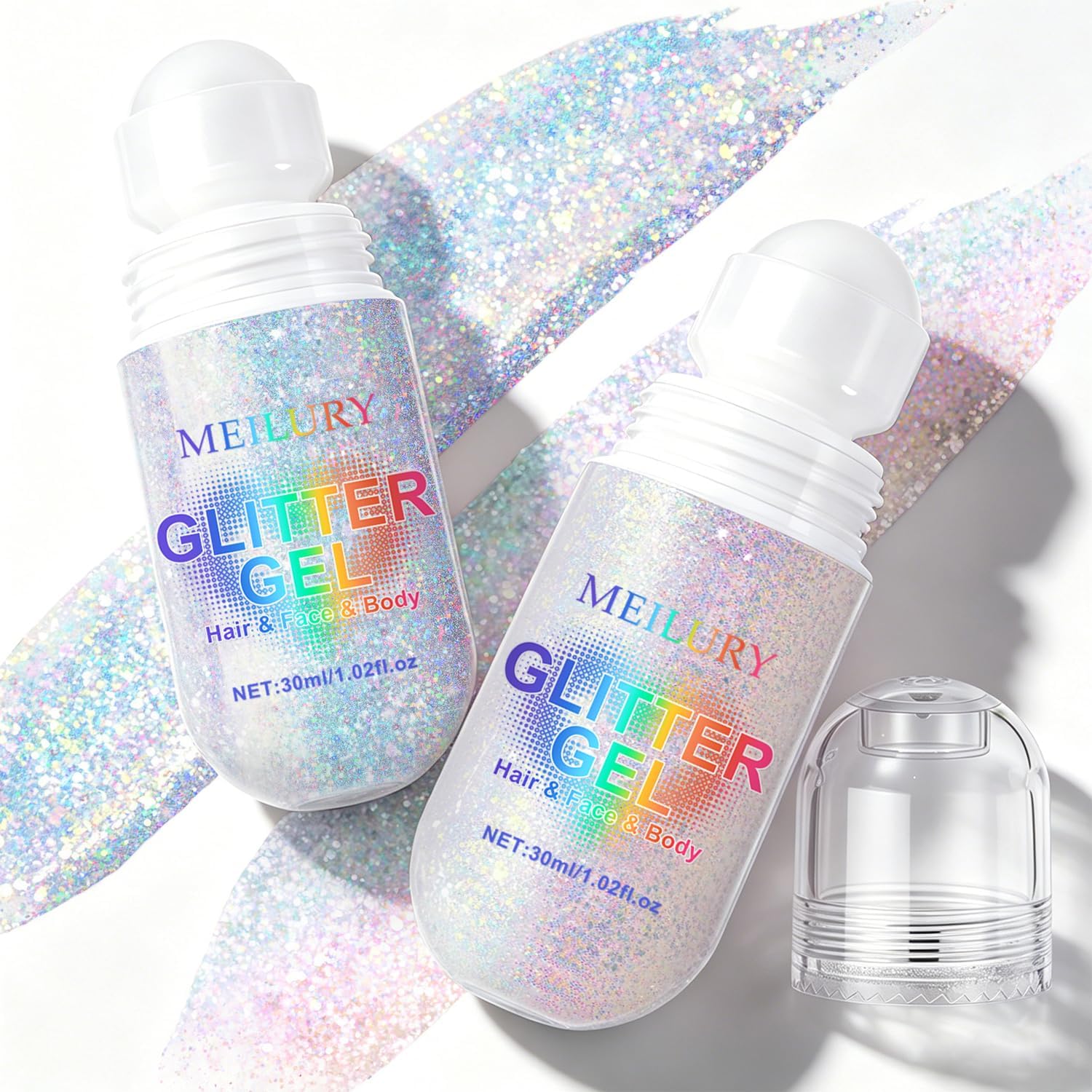 2 Colors Roll-On Body Glitter Gel For Face Body And Hair, Holographic Glitter Gel Under Light, Chameleon Color Rolling Sequins For Rave Accessories Christmas Halloween (Glint-Rainbow+Dazzle)