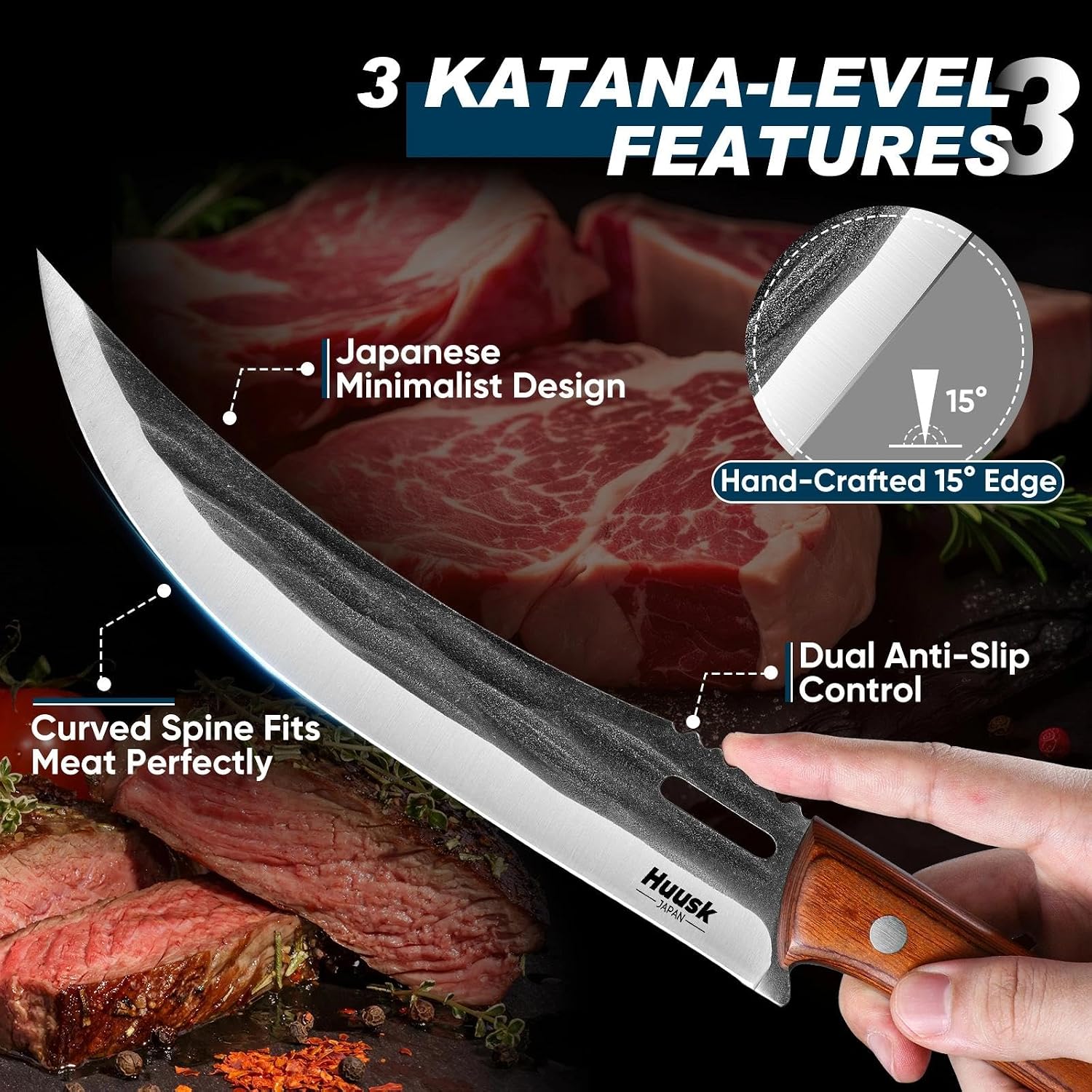 Huusk Hand Forged Carving Knife - Japanese Razor Sharp Butcher Knives For Meat Cutting, Curved Brisket Slicing Knife With Ergonomic Full Tang Handle, Gift For Men And Women