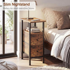 Narrow Nightstand With Charging Station, End Tables Living Room Set Of 2, Skinny Side Table With Fabric Drawers, Slim Sofa Table For Bedroom, Small Spaces, Couch, Rustic Brown, Hetndp02Pbr
