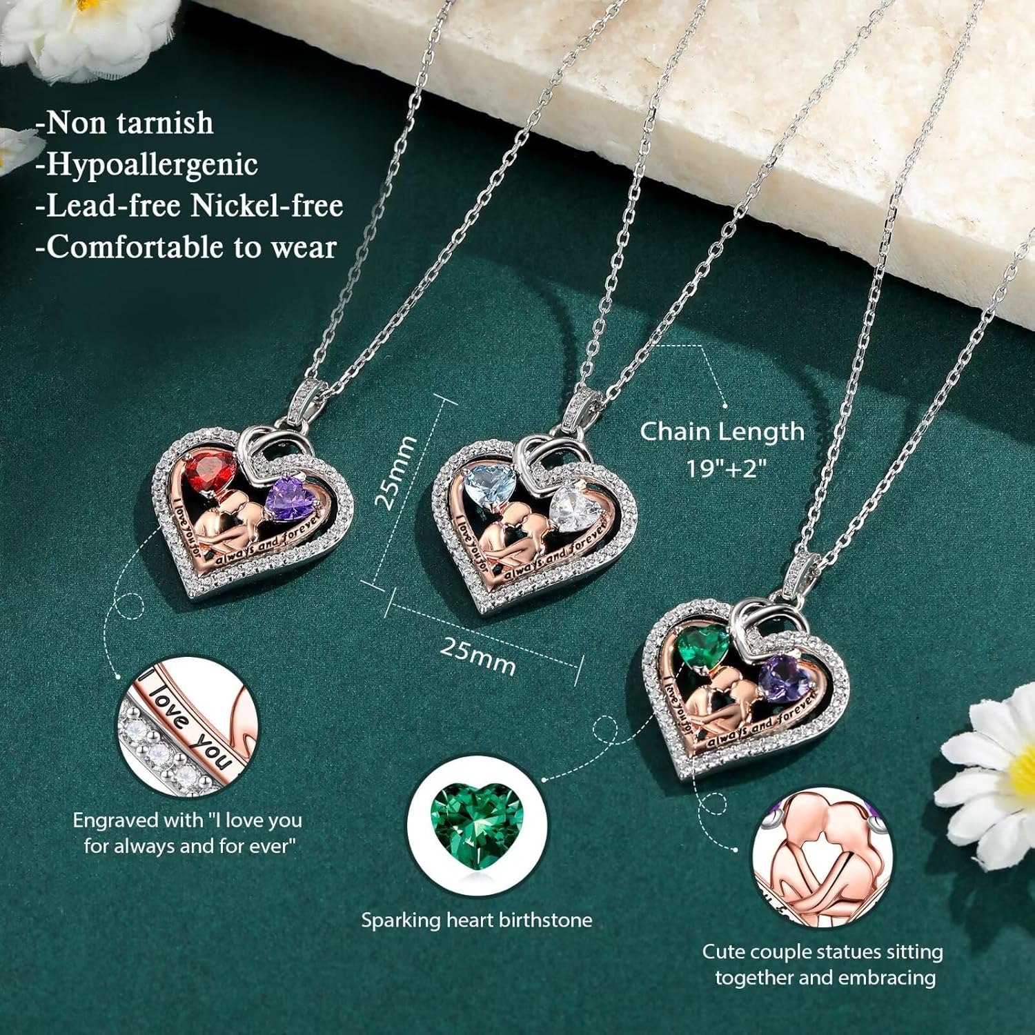 Iefil Mothers Day Gifts for Wife - 925 Sterling Silver Double Heart Birthstone Necklace for Women, Anniversary Birthday Gifts for Wife