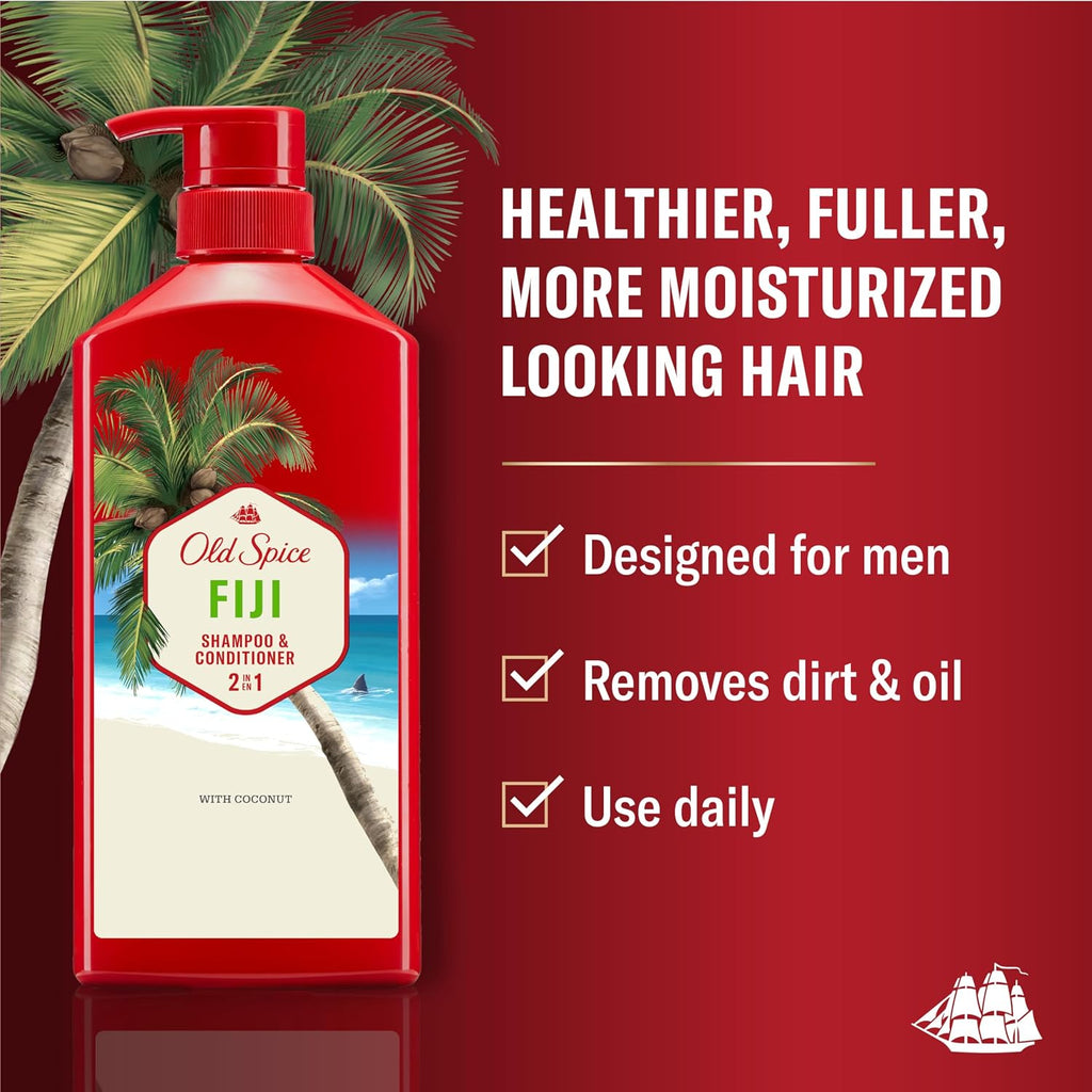 Old Spice Mens 2-In-1 Shampoo And Conditioner Set, Fiji, Coconut & Tropical Wood Scent, For All Hair Types, Healthier, Fuller, Moisturized Looking Hair, 21.9 Fl Oz Each, Twin Pack