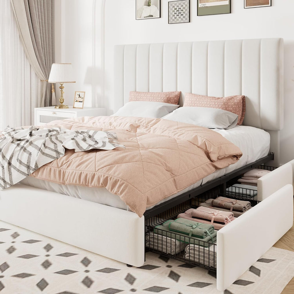 Allewie Queen Size Storage Bed Frame, Vertical Channel Tufted Adjustable Headboard, Velvet Upholstered Platform Bed With 4 Oversized Underbed Drawers, Wooden Slats Support, No Box Spring Needed, White