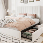 Allewie Queen Size Storage Bed Frame, Vertical Channel Tufted Adjustable Headboard, Velvet Upholstered Platform Bed With 4 Oversized Underbed Drawers, Wooden Slats Support, No Box Spring Needed, White