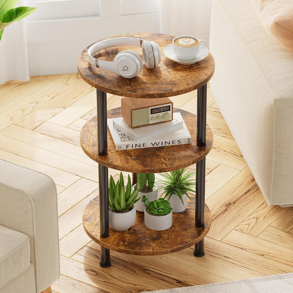 Simple Trending Side Table Living Room, Small Round End Table, 3 Tiers Accent Table For Small Spaces, Rustic Brown