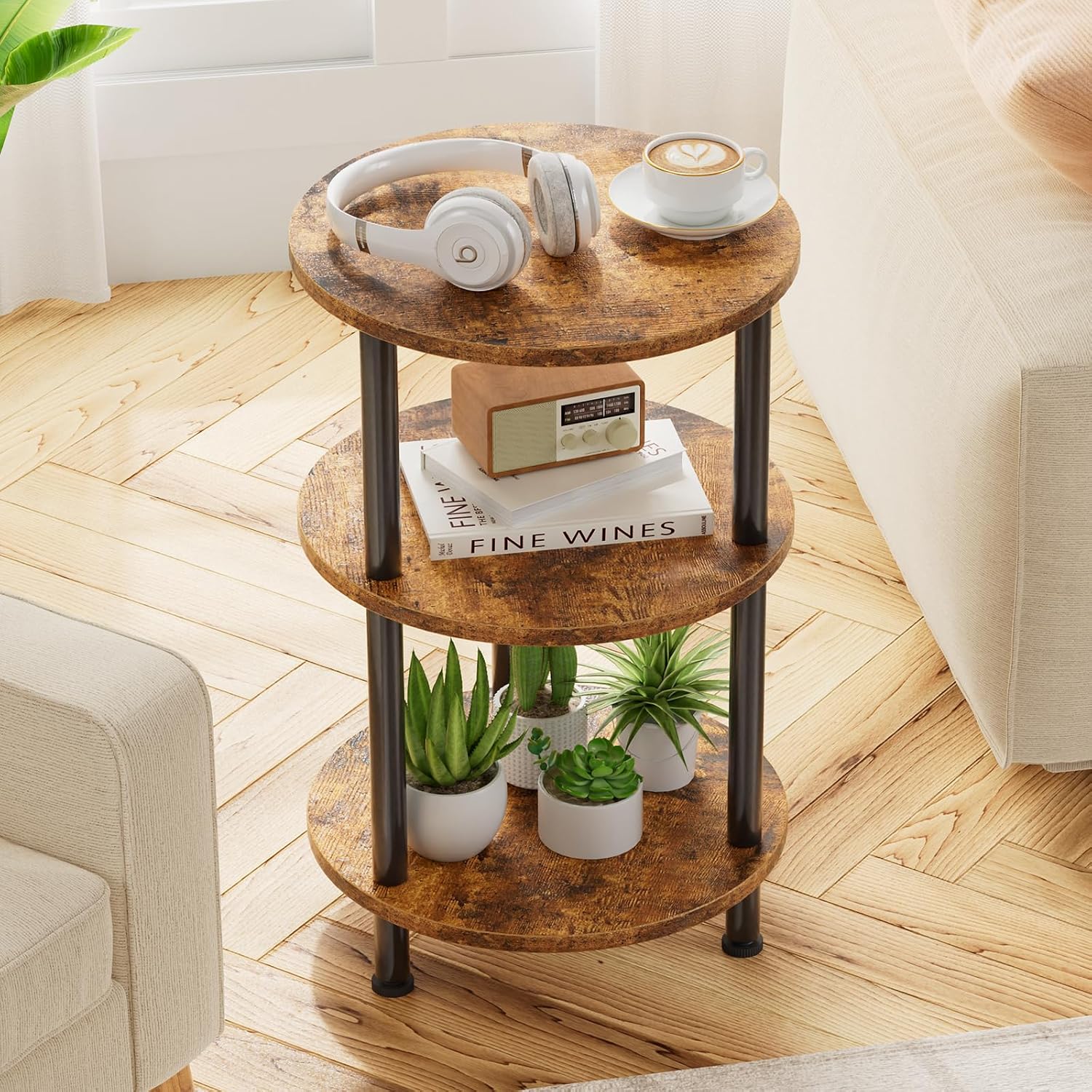 Simple Trending Side Table Living Room, Small Round End Table, 3 Tiers Accent Table For Small Spaces, Rustic Brown