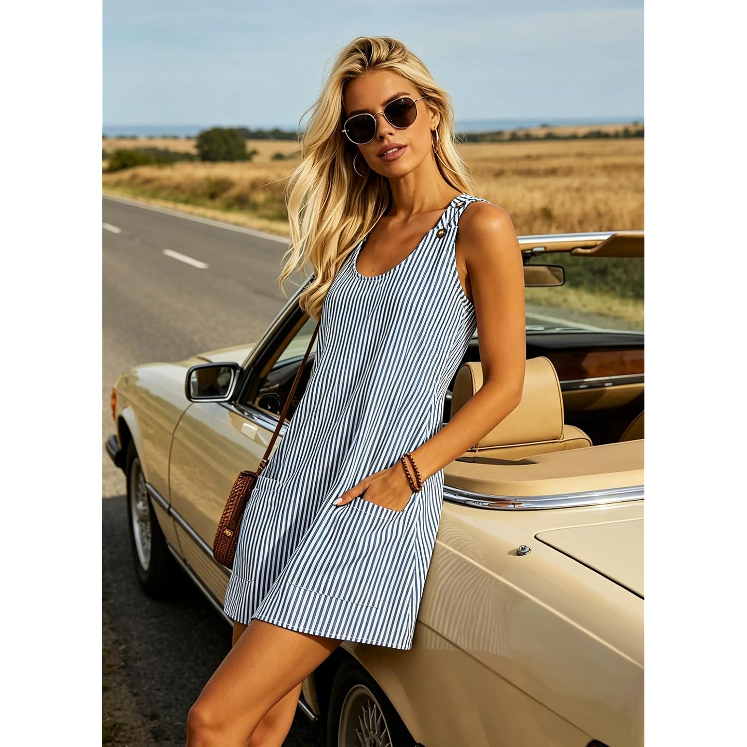 Etcyy New Womens Sleeveless Summer Dresses Casual U Neck Striped Sundresses