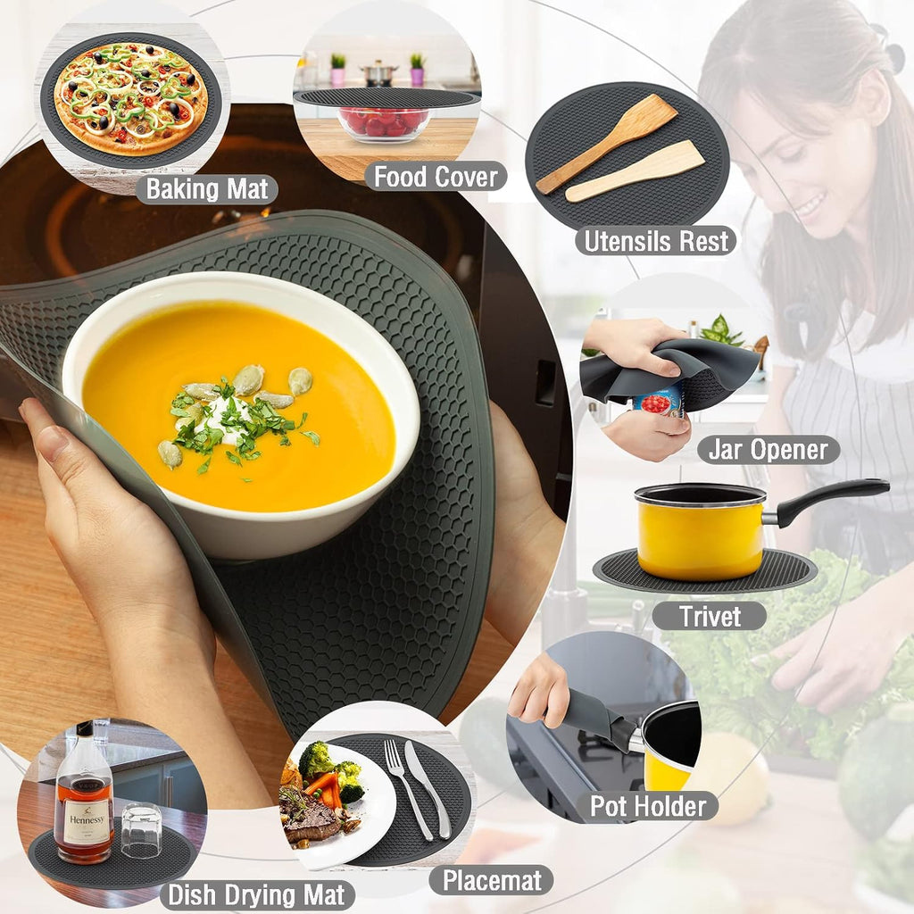 Microwave Splatter Cover & Silicone Mat – Collapsible, Vented, Reusable Food Guard And Plate Cover With Heat-Resistant Trivet For Pots, Pans, And Kitchen Counter, Black