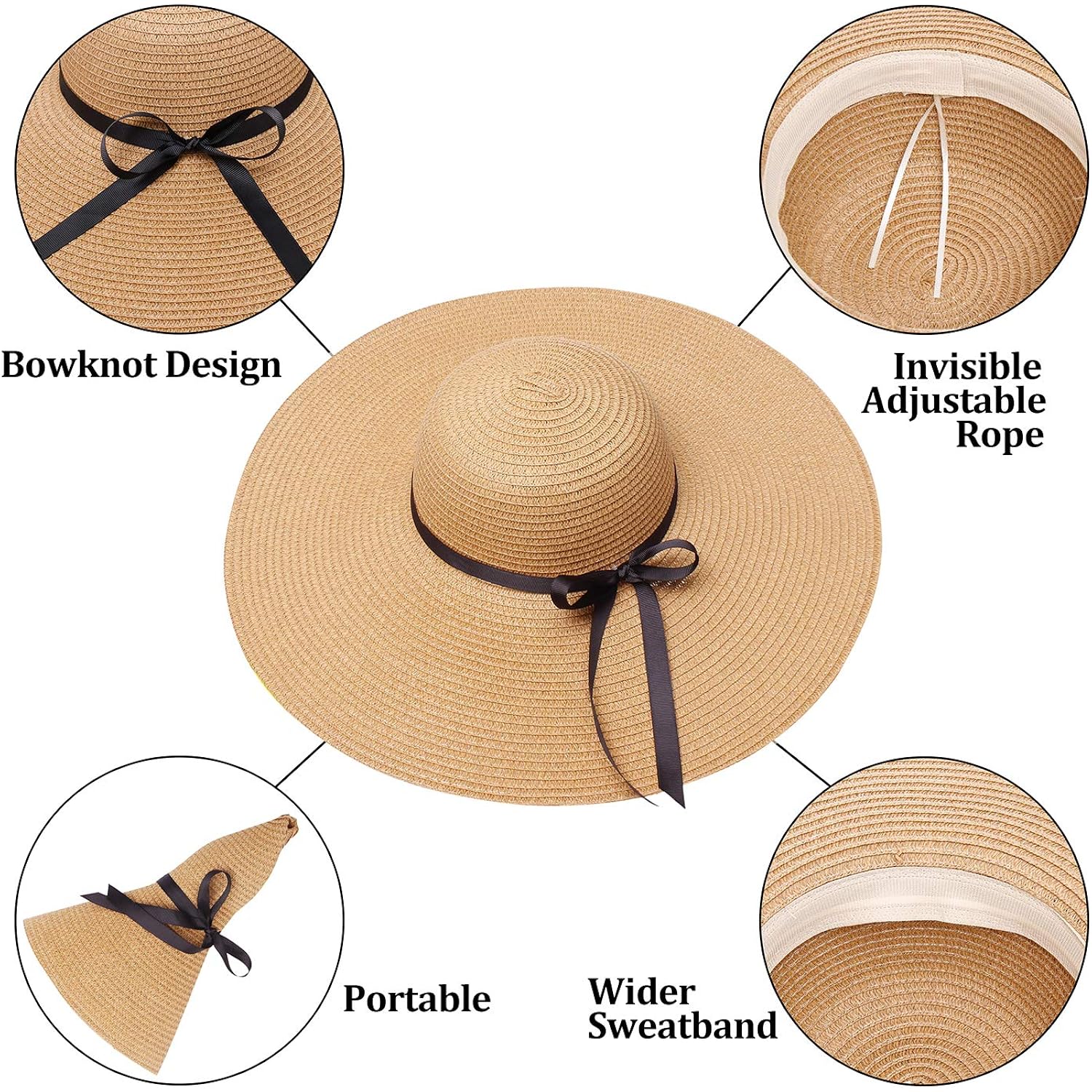 Double Couple Womens Straw Hat Wide Brim Floppy Beach Sun Hat for Women UPF 50+ Adjustable Strap Vacation