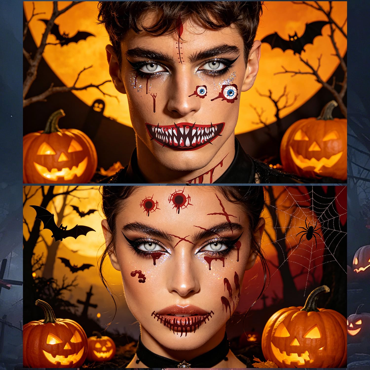 12 Sheets Zombie Wound Tattoos, Realistic Fake Scars&Blood Tattoos for Halloween Makeup, Waterproof Fake Wound Tattoos for Kids & Adults, Halloween Body Face Tattoos for Cosplay Party Zombie Makeup