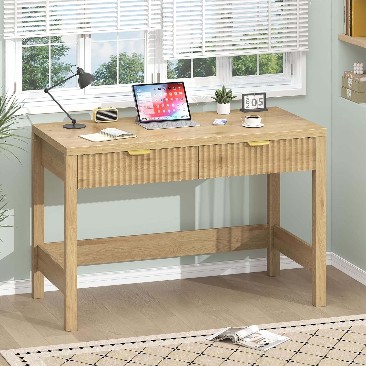 Fluted Computer Desk With 2 Drawers, 39 Inch Small Computer Desk With Storage, Compact Writing Study Desk For Small Spaces