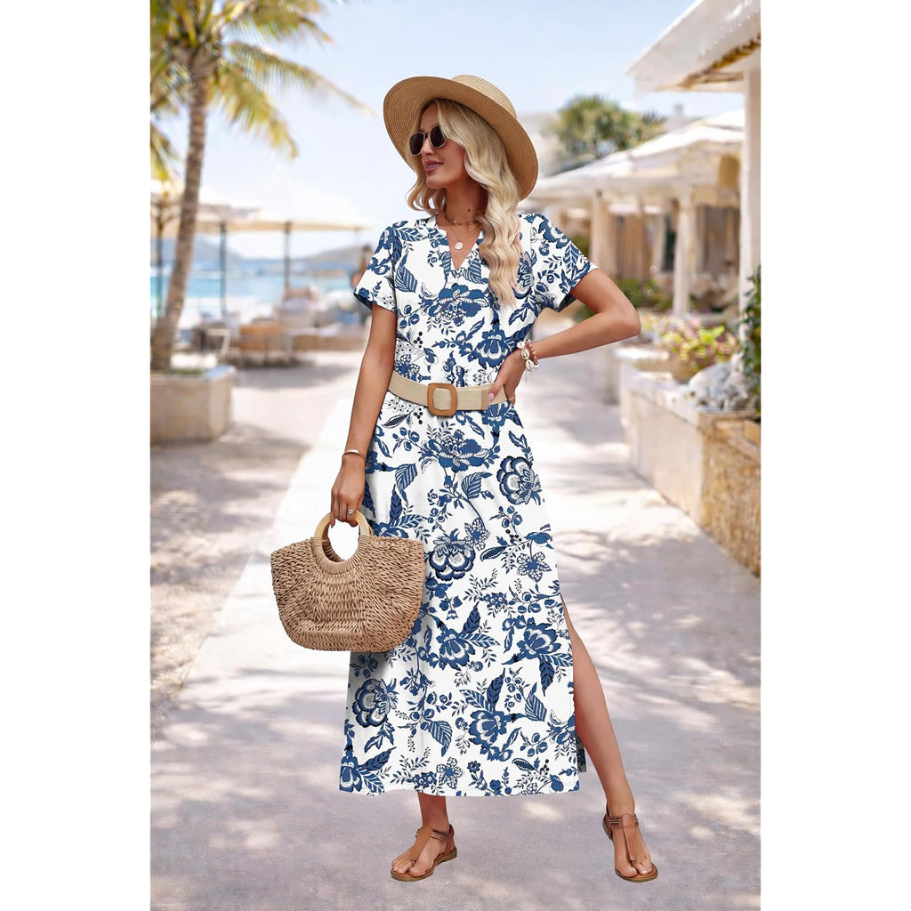 Ofeefan Summer Dresses For Women 2026 Maxi Dress Short Sleeve Sundresses With Pockets Beach Vacation Spring Outfits