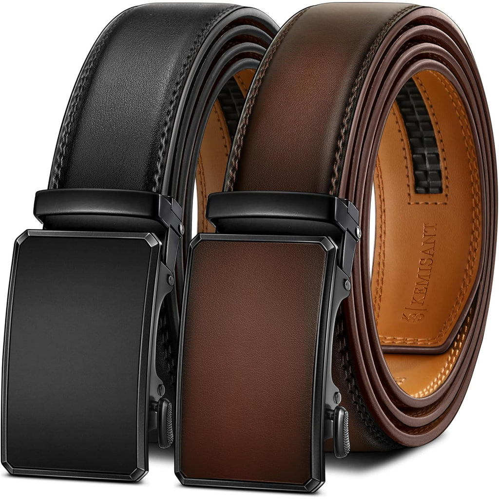Men Belt 2 Pack, Leather Ratchet Belt Easy Click Slide For Men 1 3/8",Cut For Fit