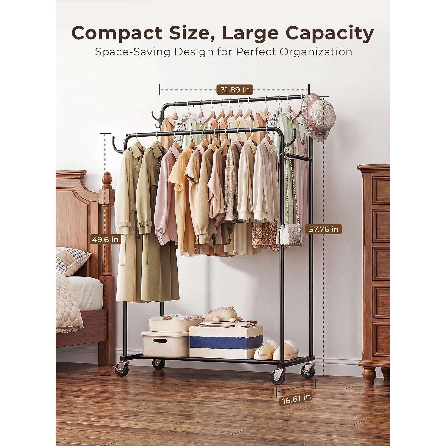 Clothes Rack, Rolling Clothing Rack With Double Rods For Hanging Clothes, Portable Garment Rack With Wheels, Metal Wardrobe Closet Organizer For Bedroom And Laundry Room