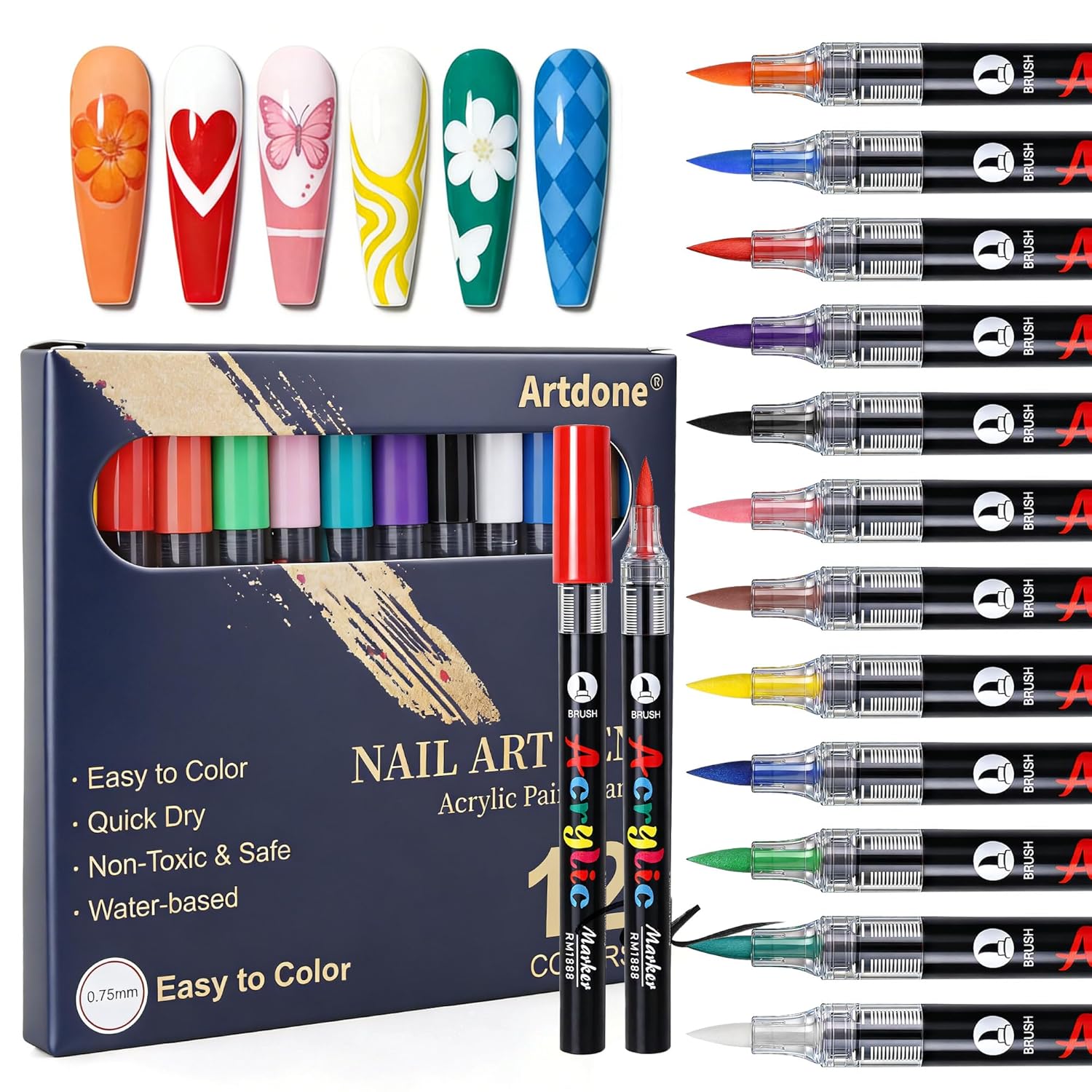 Artdone 12 Colors Nail Art Pens Set, 3D Quick-Drying Acrylic Paint Markers Nail Point Graffiti Dotting Drawing Liner Brush for DIY Gel Nail Polish Design Manicure Tools