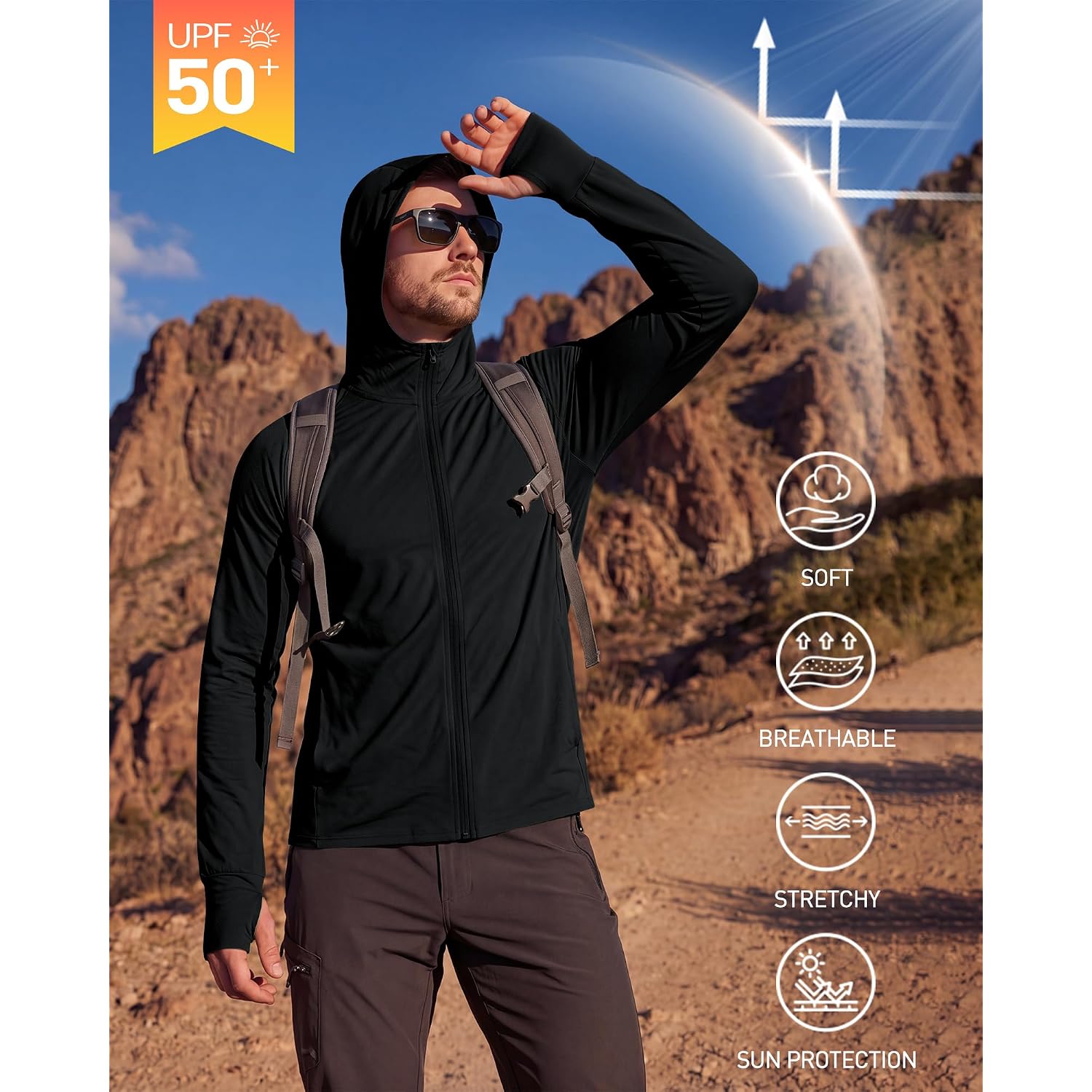 Men'S Upf 50+ Sun Protection Outdoor Lightweight Full Zip Hoodie Jacket Long Sleeve Fishing Hiking Performance Shirt