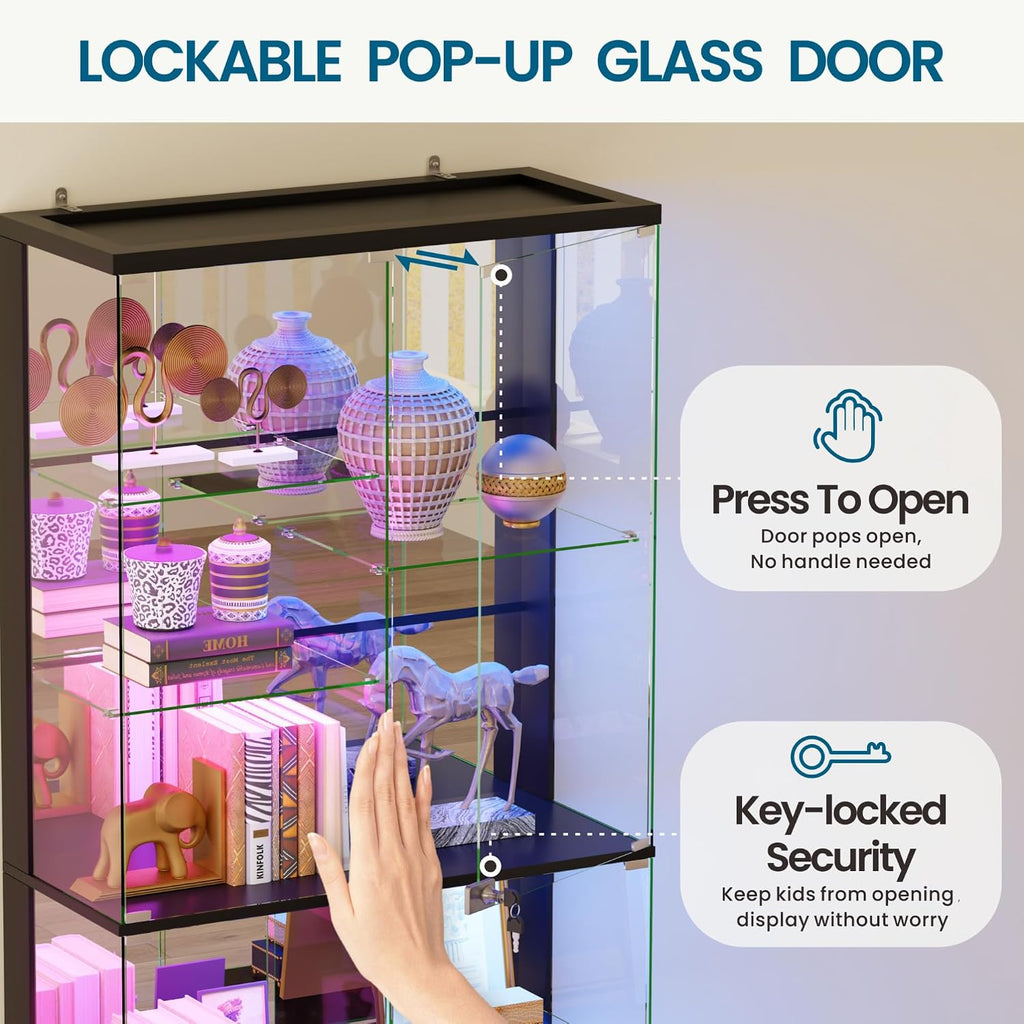10-Tier Glass Display Cabinet With Rgb Light&Auto Sensor,Gaming Room,Black | 71''H Lockable Curio Cabinet With Glass Doors,China Cabinets With Removable Shelves For Collectibles,Lighted Showcase