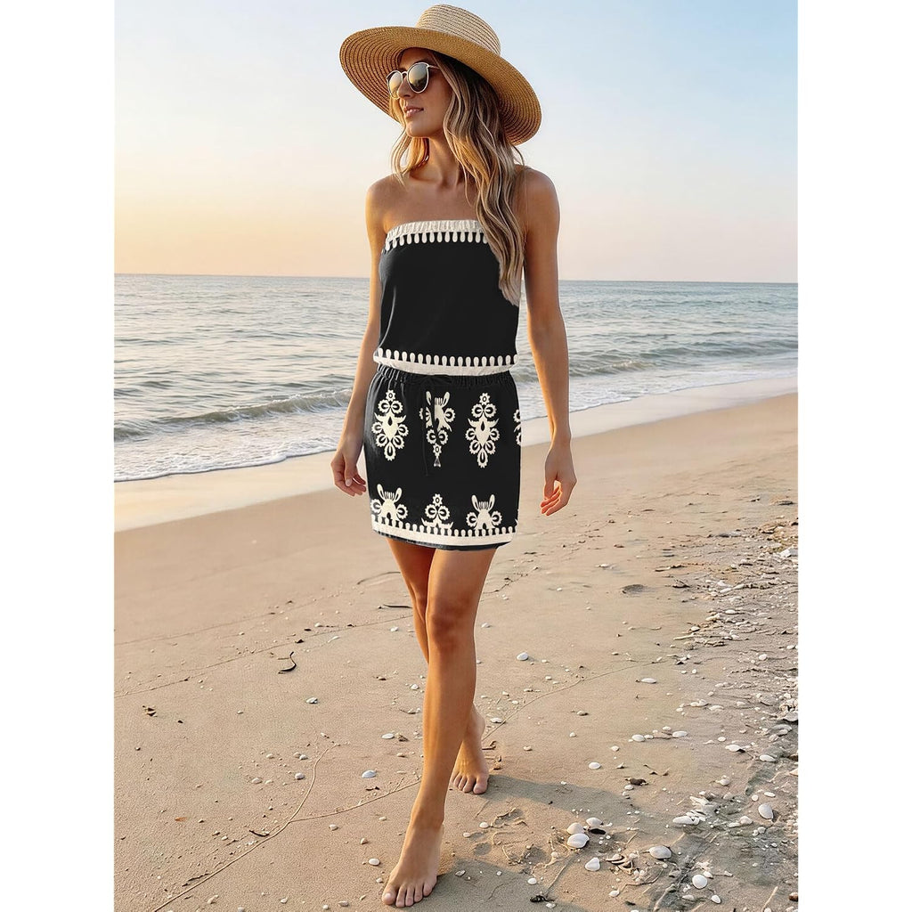 Saukole Summer Dress For Women Strapless Beach Cover Ups Boho Sundress Mini Dress Drawstring Waist With Pockets