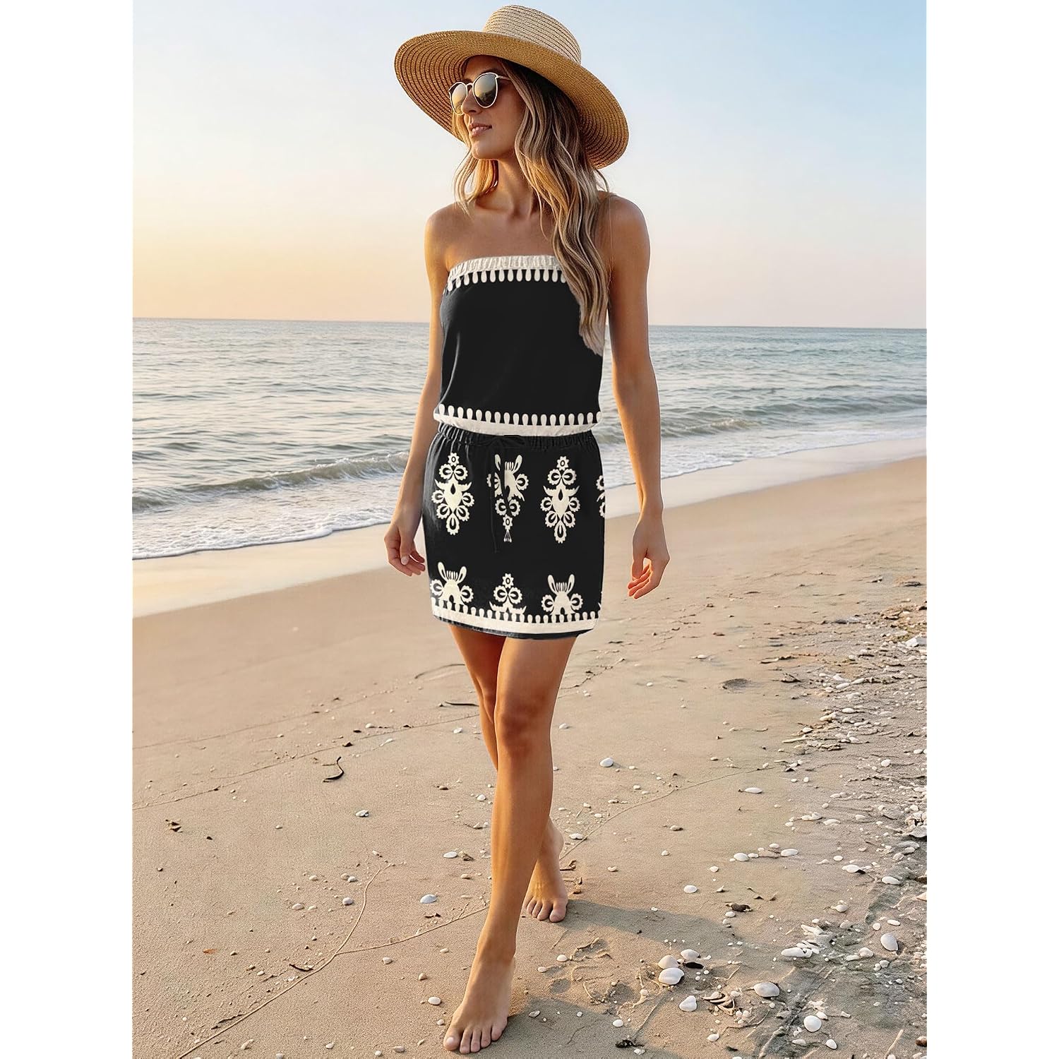 Saukole Summer Dress For Women Strapless Beach Cover Ups Boho Sundress Mini Dress Drawstring Waist With Pockets