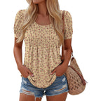 Ficerd Women's Puff Short Sleeve Boho Tunic Tops Pleated Crew Neck Summer Blouses Dressy Casual Loose T Shirts