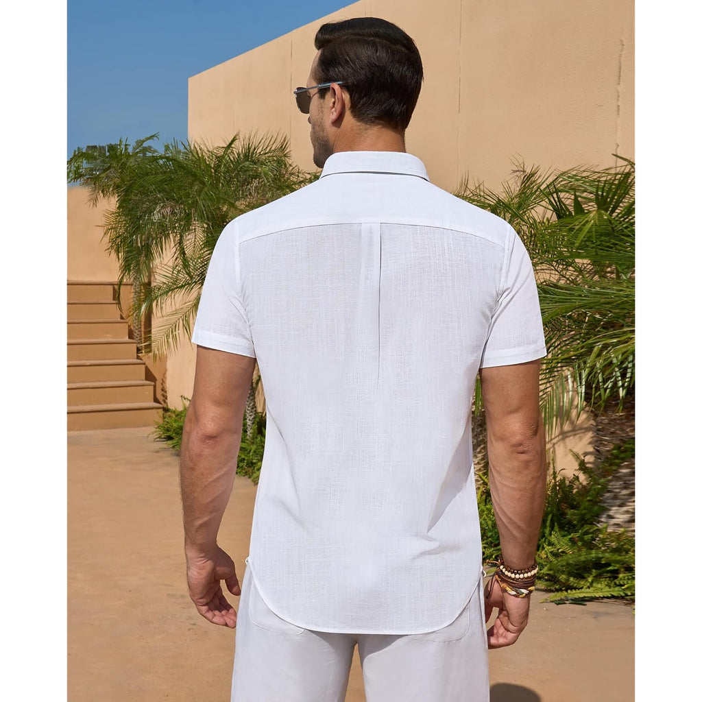 Linen Shirts For Men Short Sleeve Button Down Shirts Summer Beach Casual | Linen And Cotton Blend, Lightweight, No Pocket, Fitted, Button Up Dress Shirt, Fashion Vacation Wedding Tropical Resort