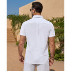 Linen Shirts For Men Short Sleeve Button Down Shirts Summer Beach Casual | Linen And Cotton Blend, Lightweight, No Pocket, Fitted, Button Up Dress Shirt, Fashion Vacation Wedding Tropical Resort