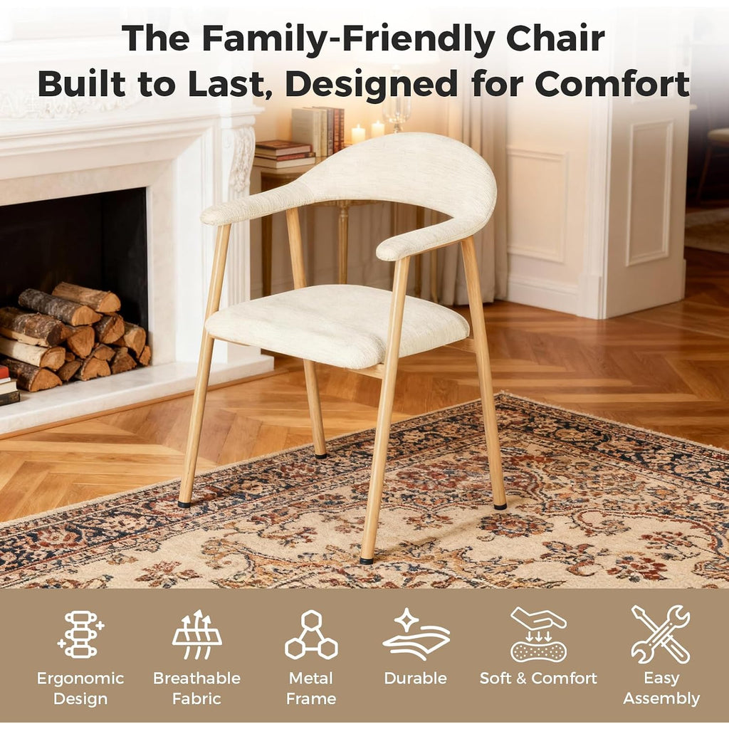 Dumos Dining Chairs Set Of 4, Linen Fabric Upholstered Kitchen Side Chairs With Curved Backrest & Metal Legs, Modern Farmhouse Accent Chair For Dining Room Kitchen Living Room Cafe, Beige